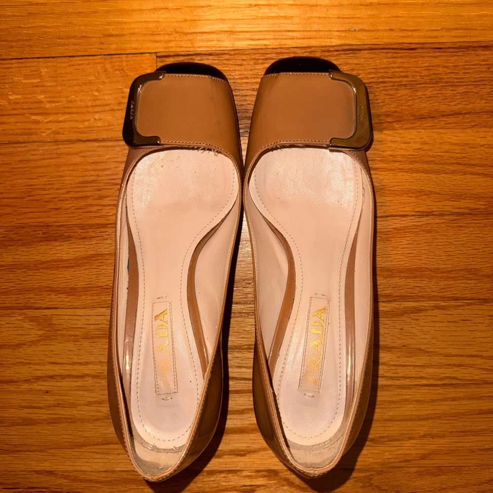 Prada Beige Leather Flats with Gold Buckle